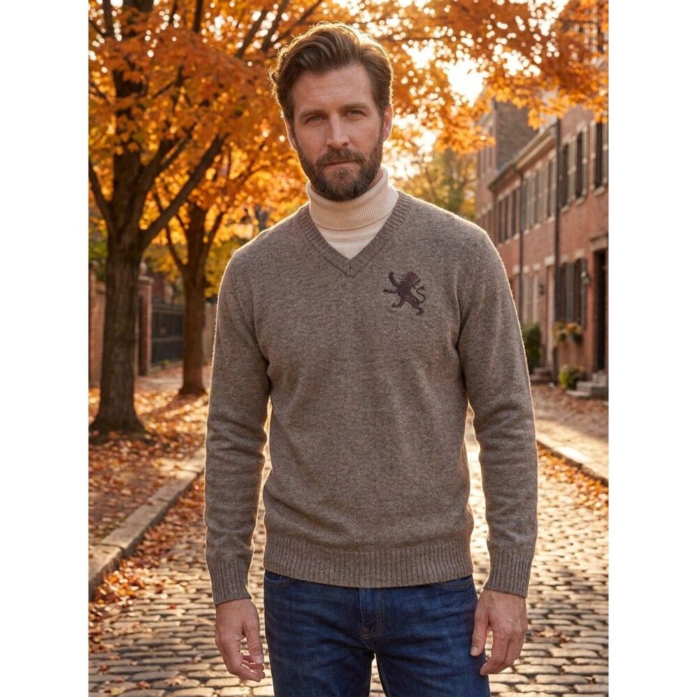 Express Mens Brown V-Neck Lambswool Sweater Embroidered Lion Logo Size XL